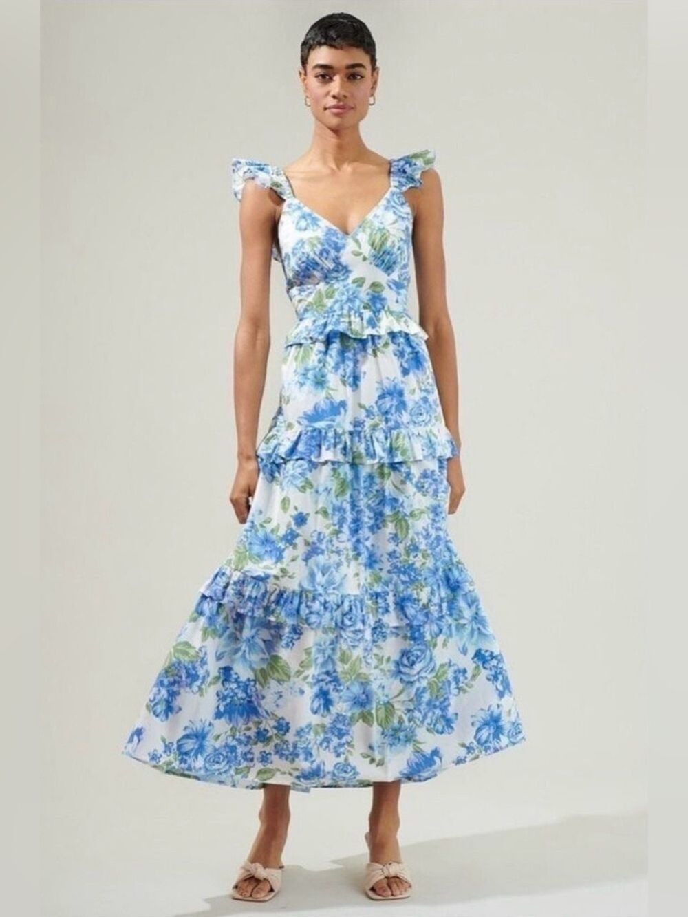 Sugarlips Truth Be Told Blue Floral Tiered Maxi Poplin Summer Dress